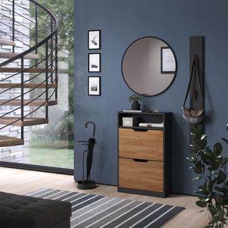 Vicco Zapatera Abatible Luca, Antracita/roble Dorado, 59 X 94 Cm Con 2 Compartimentos Basculantes, Vicco
