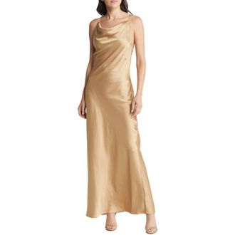 Significant Other Aila Cowl Neck Strappy Satin Gown in Tan at Nordstrom Rack, Size 12 Us / 16 Au