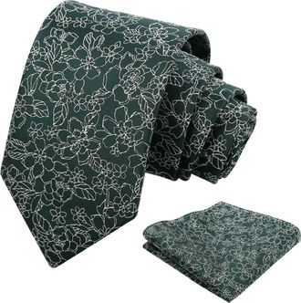 Alizeal Mens Flower Tie Set Solid Color Wedding Party Formal Casual Floral Necktie with Handkerchief Set, Dark Green