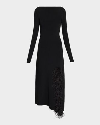 Sally Lapointe Feather-Trim Long-Sleeve Matte Viscose Midi Dress