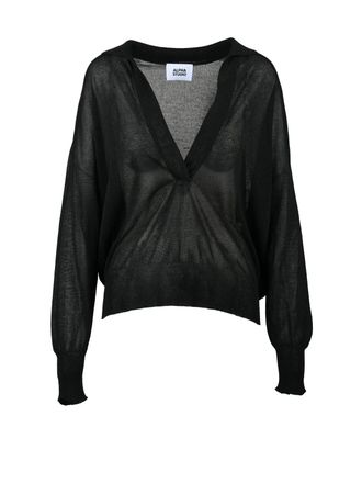 Alpha Studio Black Viscose Polyester Oversized Polo Shirt