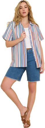 Roaman's Plus Size Linen Blend Short Sleeve Button Front Shirt in Multi Seersucker Stripe at Nordstrom, Size 32