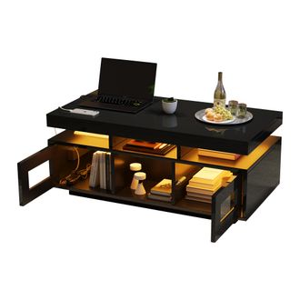 STILVORA Mesa De Centro Con 2 Puertas Y 2 Huecos Semiabiertos Y Led, Enchufe + Usb, Negro Brillo, En Tablero De Part&iacute;culas, 100&times;50&times;43 Cm