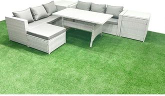 Fimous Rattan Garden Furniture Set 7 Seater Outdoor Sofa Set with Dining Table 2 Side Tables Big Footstool Light Grey Mixed - Fimous