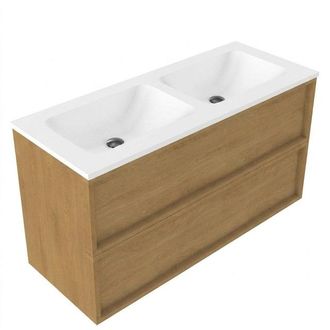 Saniclass Holz Frame Badkamermeubelset - 120x45x77.5cm - Torino solid surface wastafel wit - zonder kraangat - 2 lades - mat eiken natural (hout)