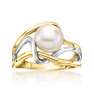 Ross-Simons 8-8.5mm Cultured Pearl Wavy Ring in 18kt Gold Over Sterling and Sterling Silver