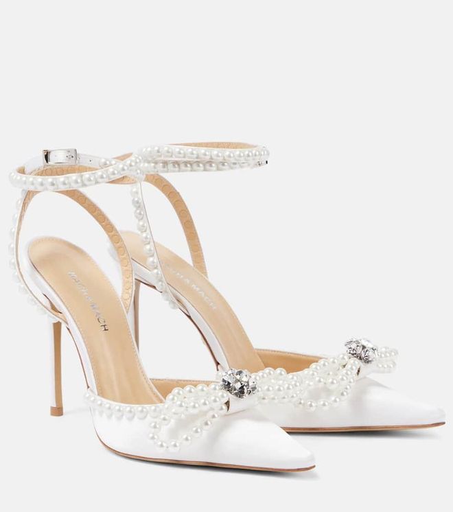 Double Bow embellished satin pumps