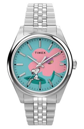 Timex Peanuts x Timex Legacy Snoopy with Flower Dial 36mm Stainless Steel Bracelet Watch in Silver-Tone at Nordstrom
