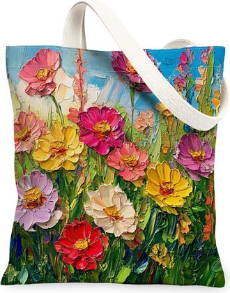 Generic Spring Oli Painting Zinnia Canvas Tote Bag for Shopping 13x15, Floral Wildflower Garden Reusable Grocery Print Pattern Bag for Women, Flower Scene Bea