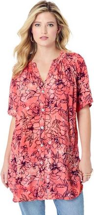 Roaman's Plus Size Angelina Crinkle Crepe Y-Neck Short Sleeve Tunic in Teal Tie Dye Paisley at Nordstrom, Size 26