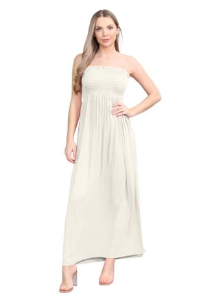 Janisramone Womens Plain Maxi Dress, Bandeau Boobtube Dress, Sheering Gathered Strapless Dresses, Long Summer Dresses for Women UK, Women Casual Wear Cream
