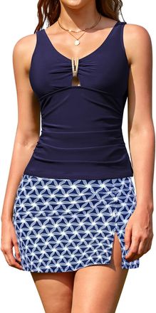 SHEKINI Womens Tankini Swimsuits with Skirt V Neck Top Tummy Control Skirted Bikini Bottom High Waisted Swimwear, Navy Blue Print, Medium