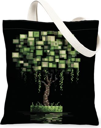 Generic Artistic Tree Canvas Tote Bags, Vintage Pixel Art Eco-Friendly Shopping Bags, Lightweight Washable Reusable Canvas for Gym, Black, 13x15 Inch