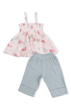 Angel Dear Kids Flamingo Print Organic Cotton Muslin Smocked Tank & Pants Set in Pink Green at Nordstrom, Size 12-18M