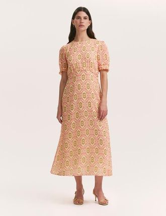 Finery Mela Printed Midi Tea Dress in Coral Ikat at Nordstrom, Size 10