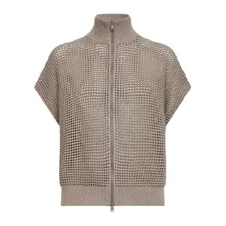 Brunello Cucinelli Brunello Cucinelli, Cardigans, female, Beige, Size: XS Sequin-embellished Net-stitch Cardigan