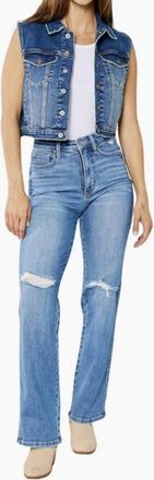 Judy Blue Womens High-Rise Tummy Control Destroyed Knee Straight Jeans In Blue Denim