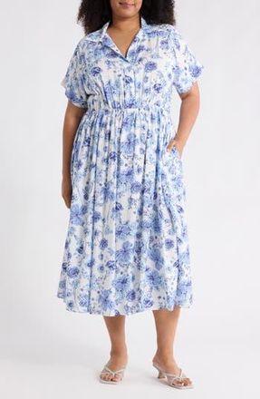 Renee C Floral Short Sleeve Midi Dress in Blue at Nordstrom Rack, Size 1X