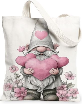 Generic ValentineS Gnome Canvas Tote Bags, Cute Heart Floral Design Reusable Shopping Bags, Lightweight Washable Shoulder Strap Ca, White, 13x15 Inch