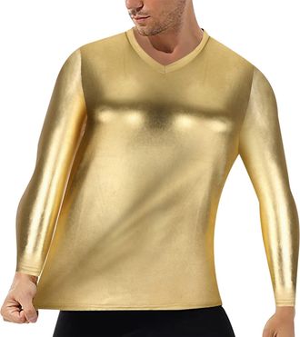 Generic Long Sleees Tops Mens Metallic Glossy Slim Fit Breathable Comfy Stretch Elastic Basic Tee Baselayer Silver Gold Shirt Nightclub Style Performance Outf