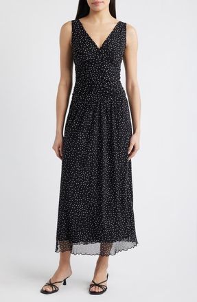 Loveappella Polka Dot Ruched Mesh Maxi Dress in Black at Nordstrom, Size X-Small