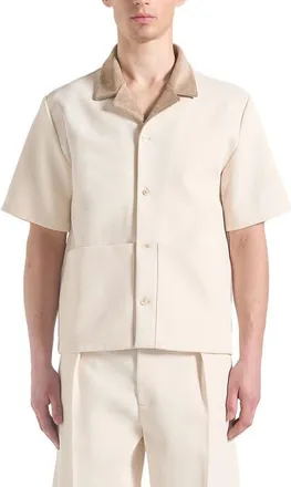 Mani&egrave;re De Voir Joel Twill Shirt with Suede Revere Collar in Cream at Nordstrom, Size Xx-Large