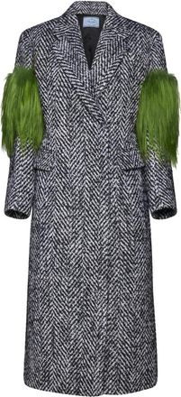 Prada Grijze Herringbone Wollen Jas - Dames - Mantel - Grijs - S - Wol - Jassen