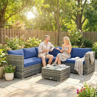 OUTSUNNY 4 Pieces Rattan Garden Furniture Sofa Set with Coffee Table Blue