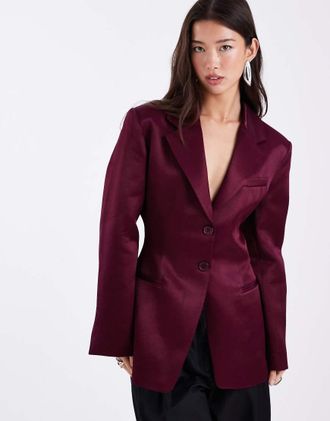 Asos Blazer in raso color prugna stretto in vita-Rosso