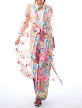 Aratta Blossom Duster Beaded Floral Coat Robe In White/fuchsia/tea Mesh Combo
