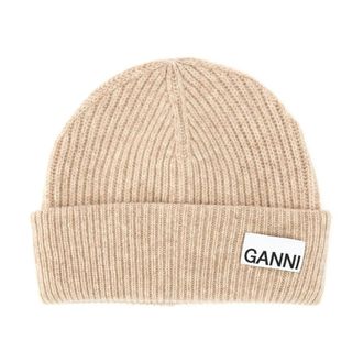 Ganni Licht Gestructureerde Rib Gebreide Muts - Dames - Hoeden - Beige - ONE Size - Wol - Accessoires