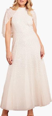 Needle & Thread Scallop Sequin Cape Ankle Gown in Cream at Nordstrom, Size 14