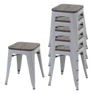 Hhg Set 6x Sgabelli Poggiapiedi Bistrot Design Industriale Hhg-771 Legno Metallo Verniciato Grigio