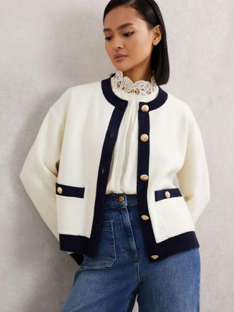 Reiss Cream & navy Wool-cashmere Crew-neck Cardigan, XS