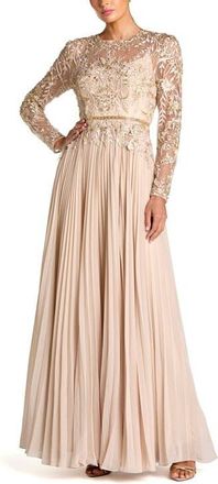 Mac Duggal Petite Long Sleeve Chiffon Embellished Gown in Taupe at Nordstrom, Size 8P