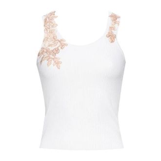 Ermanno Scervino Sleeveless Tops, female, White, Size: M Ribbed Top with Shaded Lace Embroidery