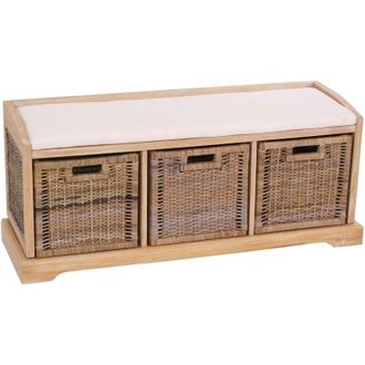 Hhg Non utilizzato] Panca cassettiera contenitore 3 ceste multiuso con cuscino legno 37x112x46cm legno chiaro