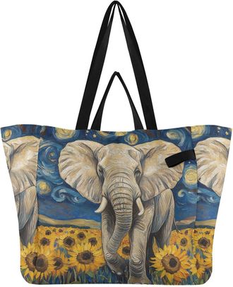 Generic Gray Elephant Sunflowers pattern Reusable Canvas Tote Bag, Heavy Duty Grocery Shopping Bag with Double Handles Large Capacity Hard Bottom Work Groceri
