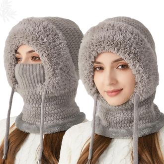 Generic Choosemuc Womens Outdoors Windproof Scarf Hat, 3-in-1 Winter Balaclava for Women Warm Knitted Face Mask Hat Cap Scarf (Gray,One Size)