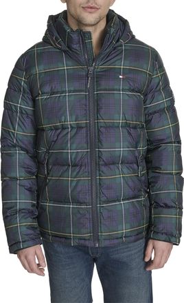 Tommy Hilfiger Mens Hooded Puffer Jacket, Navy Plaid, XL