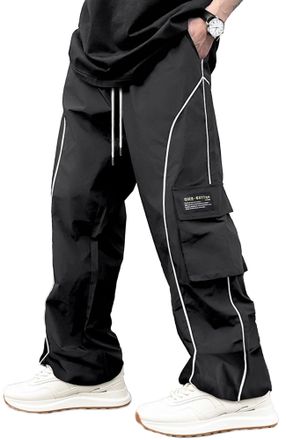 Feoya Mens Sweatpants Y2k Baggy Track Pants Drawstring Wide Leg Casual Trousers Hip Hop Streetwear Parachute Cargo Pants with Cargo Pockets Black M
