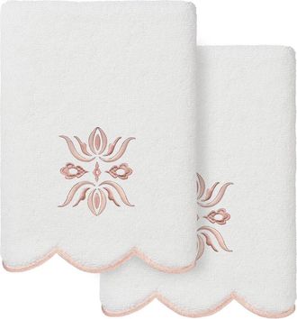 Linum Home Textiles 100% Turkish Cotton Flower Crest Scallop 2Pc Embellished Hand Towel Set