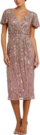 Mac Duggal Sequin Mesh V Neck Flutter Sleeve Midi Dress