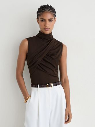 Reiss Chocolate Brown Ruched High-neck Top, XS