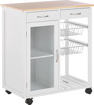 Beliani Carrito De Cocina De Madera De Pino Blanco Ruedas 2 Estantes 1 Armario 2 Cajones Moderno Sala De Estar Boves