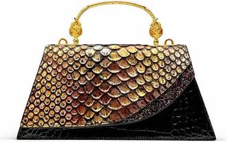 Generic Embellished Evening Clutch Bag, Black Crocodile Pattern with Multicolor Sequin Scales, Gold Metal Handle, Red Interior Lining