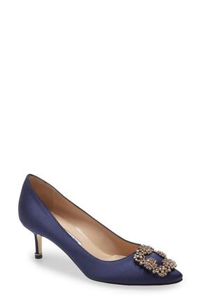 Manolo Blahnik Hangisi Jeweled Kitten Heel Pump in Navy Satin/Silk Buckle at Nordstrom, Size 5.5Us