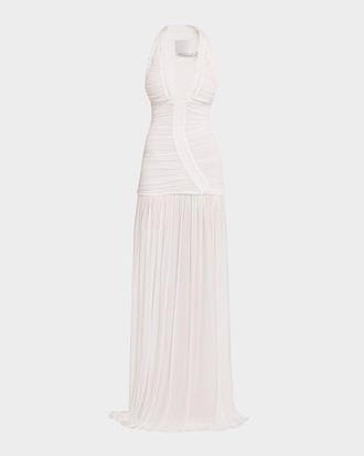 CHRISTOPHER ESBER Orion Plunging Ruched Drop-Waist Gown
