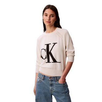 Calvin Klein Monogram Logo Mockneck Sweater Womens, Chalk, Small