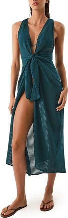 Vix Mita Plunge Sleeveless Tie Front Semisheer Cotton Cover-Up Dress in Green at Nordstrom, Size X-Small